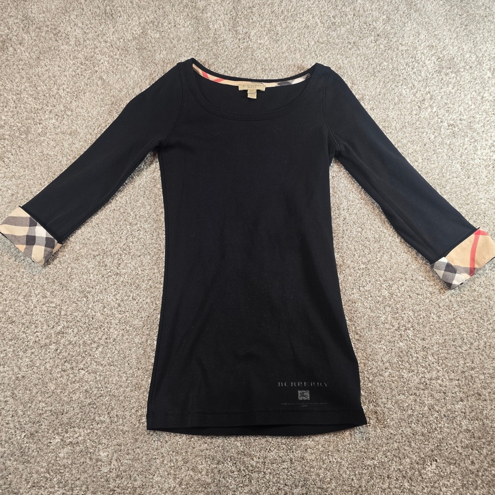 Burberry Brit Womens Black Cotton Nova Check Cuff Scoop Neck Top XS